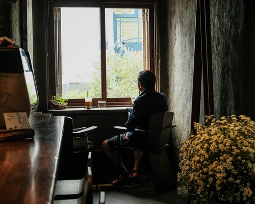 relaxed person looking at greenery from window